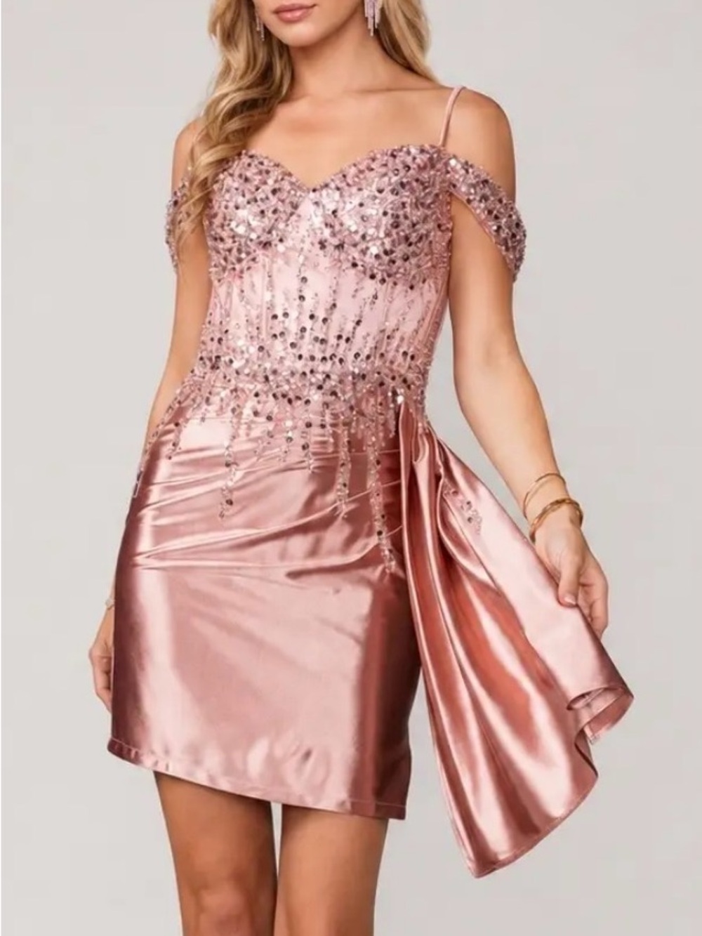 Embellished Rose Pink Satin Mini Dress with Draped Side Sash